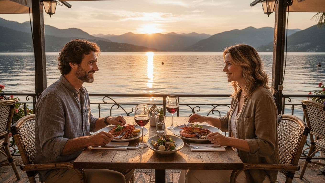 Serene lakefront restaurant patio at sunset on Lake Guntersville, Alabama, featuring two diners at a wooden table enjoying seafood plates, with calm waters, distant mountains, and warm golden lighting in a realistic photo style.