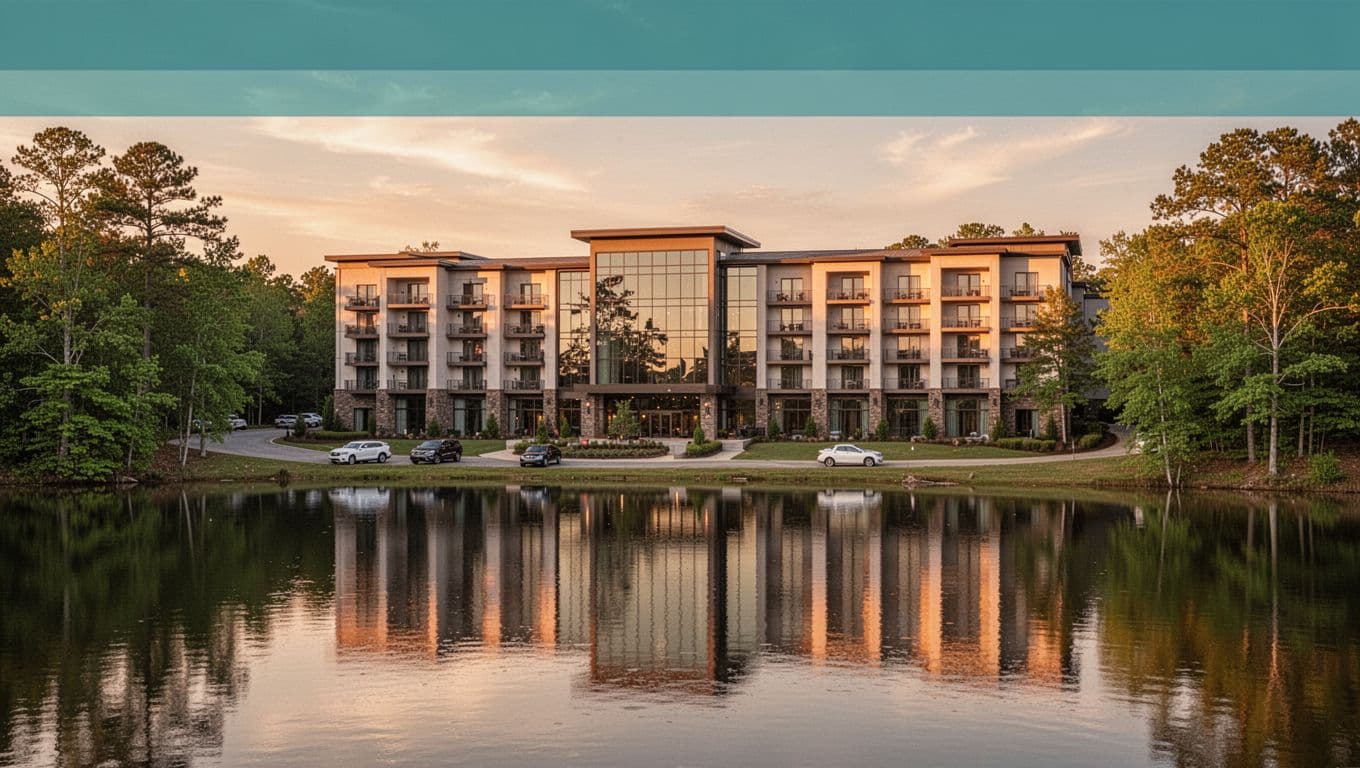 Modern hotel exterior on Lake Guntersville shoreline during golden hour sunset, with calm reflective water, balcony rooms, parked cars, lush trees, and a bold 'Lakefront Hotels' headline in green band at top.