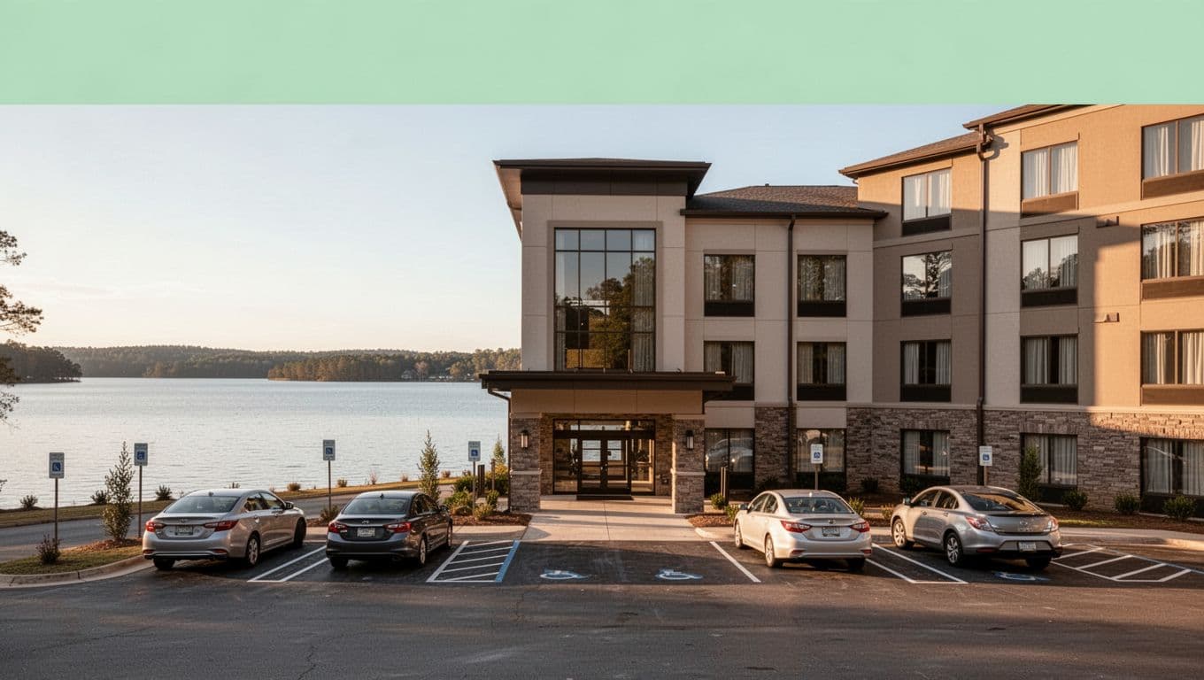 Modern hotel exterior by Lake Guntersville Alabama featuring free parking lot with cars and SUVs lake shore background clear sky warm lighting and bold Lakeside Hotels headline in green band.
