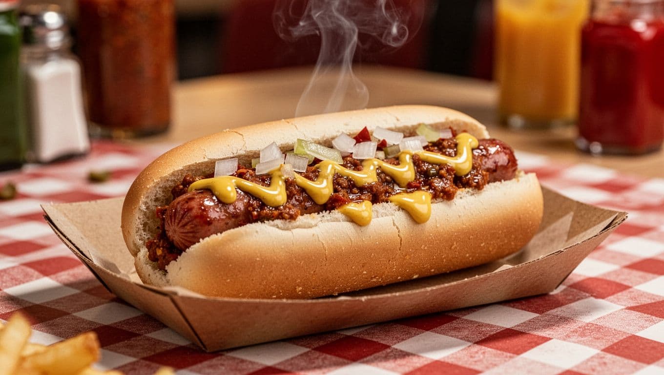 Close-up of steaming chili cheese hot dog with onions and mustard on fresh bun on paper tray in diner, Gus's Hot Dogs banner above.