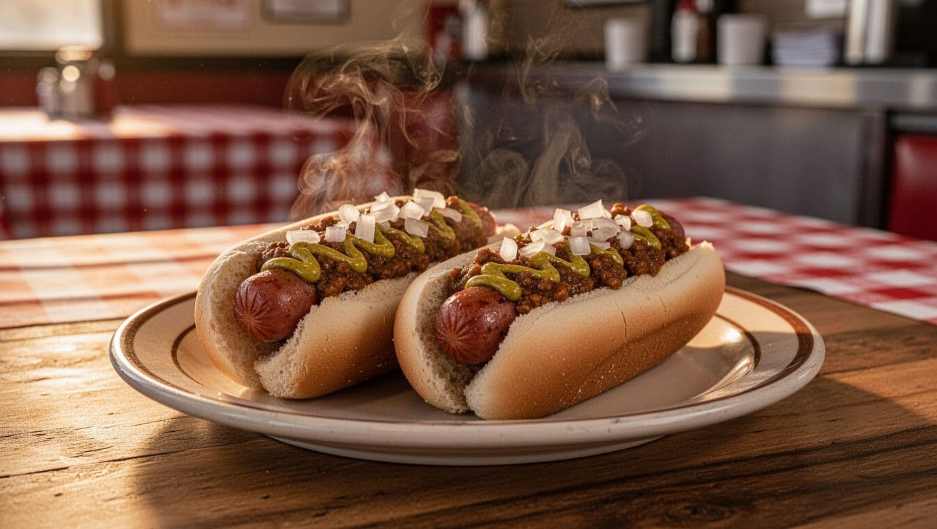 A plate of two classic hot dogs on buns topped with mustard, onions, and chili on a wooden table in a casual Alabama diner, with steam rising and warm golden hour lighting. Realistic photo style features high detail on food textures, soft focus red checkered tablecloth, and blurred counter background.