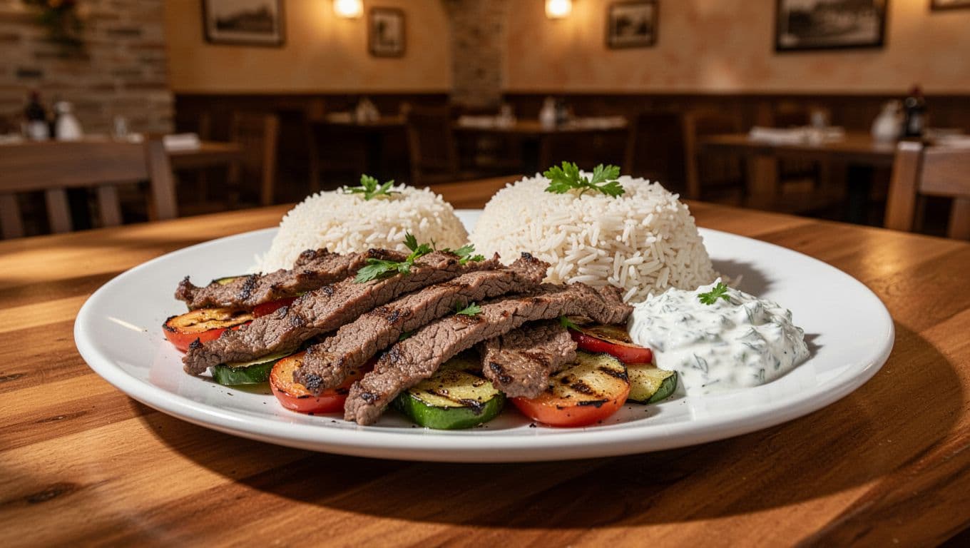White plate with thinly sliced gyro meat over beef and lamb, grilled vegetables, basmati rice, and tzatziki sauce on wooden table in Mediterranean grill interior. Bold 'Gyro Plate' headline with green band at top.