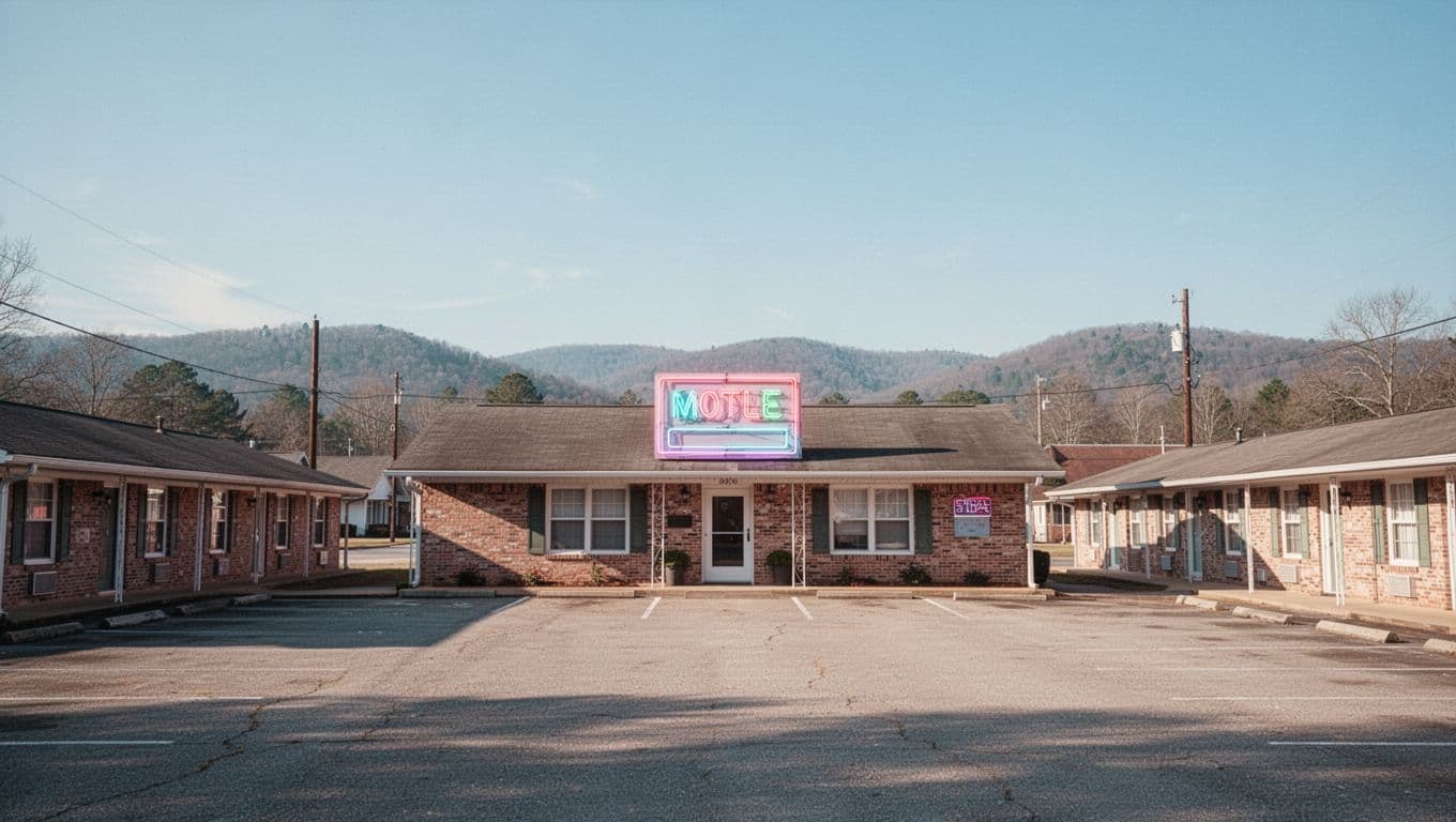 Cozy brick roadside motel in small-town Alabama like Haleyville, with neon sign, foreground parking lot, rolling hills, and clear blue sky, featuring bold 'Haleyville Hotels' headline in green band at the top.