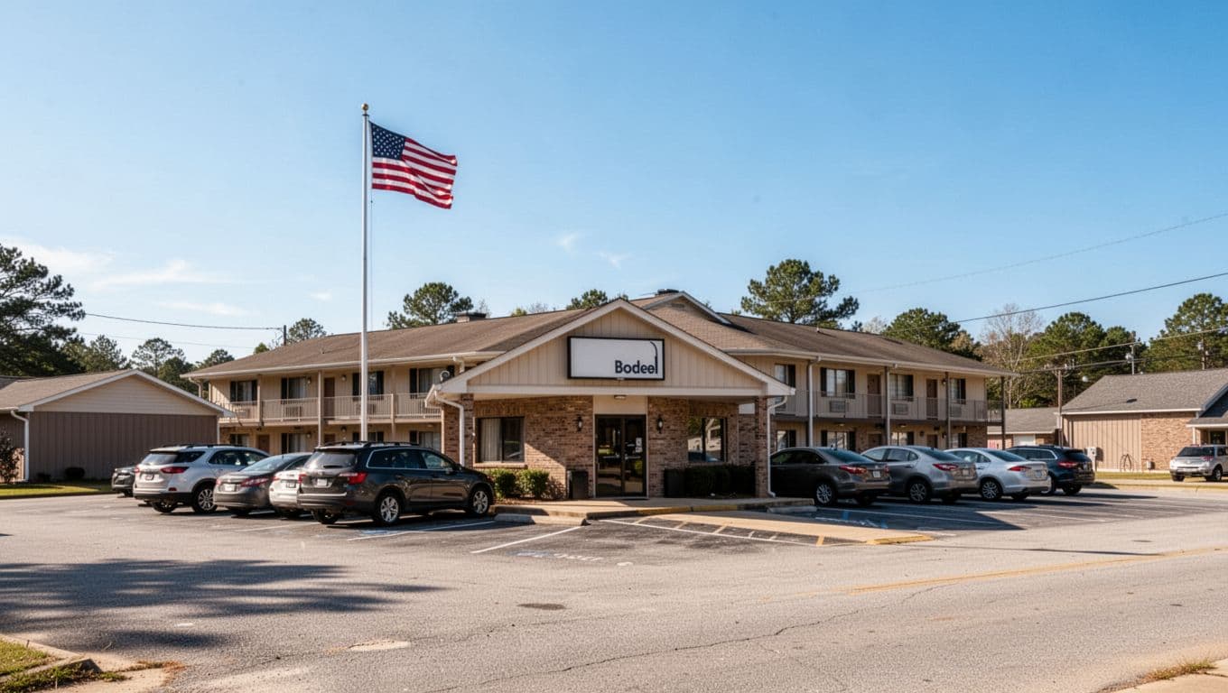 Exterior view of a budget hotel in small Alabama town like Hamilton on a sunny afternoon with clear skies, parked cars in lot, American flag waving gently, and visible entrance door in a quiet rural roadside setting.