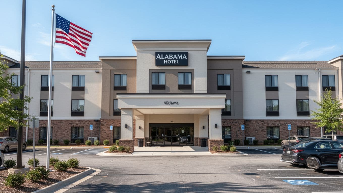 Modern Hampton Inn hotel exterior in Alabama suburb near Carlisle-Rockledge, with parking lot, waving American flag, sunny blue sky, and bold 'Top Hotels' headline banner.