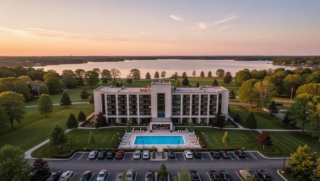 Aerial view of Hampton Inn Alexander City exterior at dusk, featuring modern hotel building, outdoor pool, parking lot, lush green lawns, trees, and Lake Martin in the background, with branded 'Hampton Inn' headline on green band.