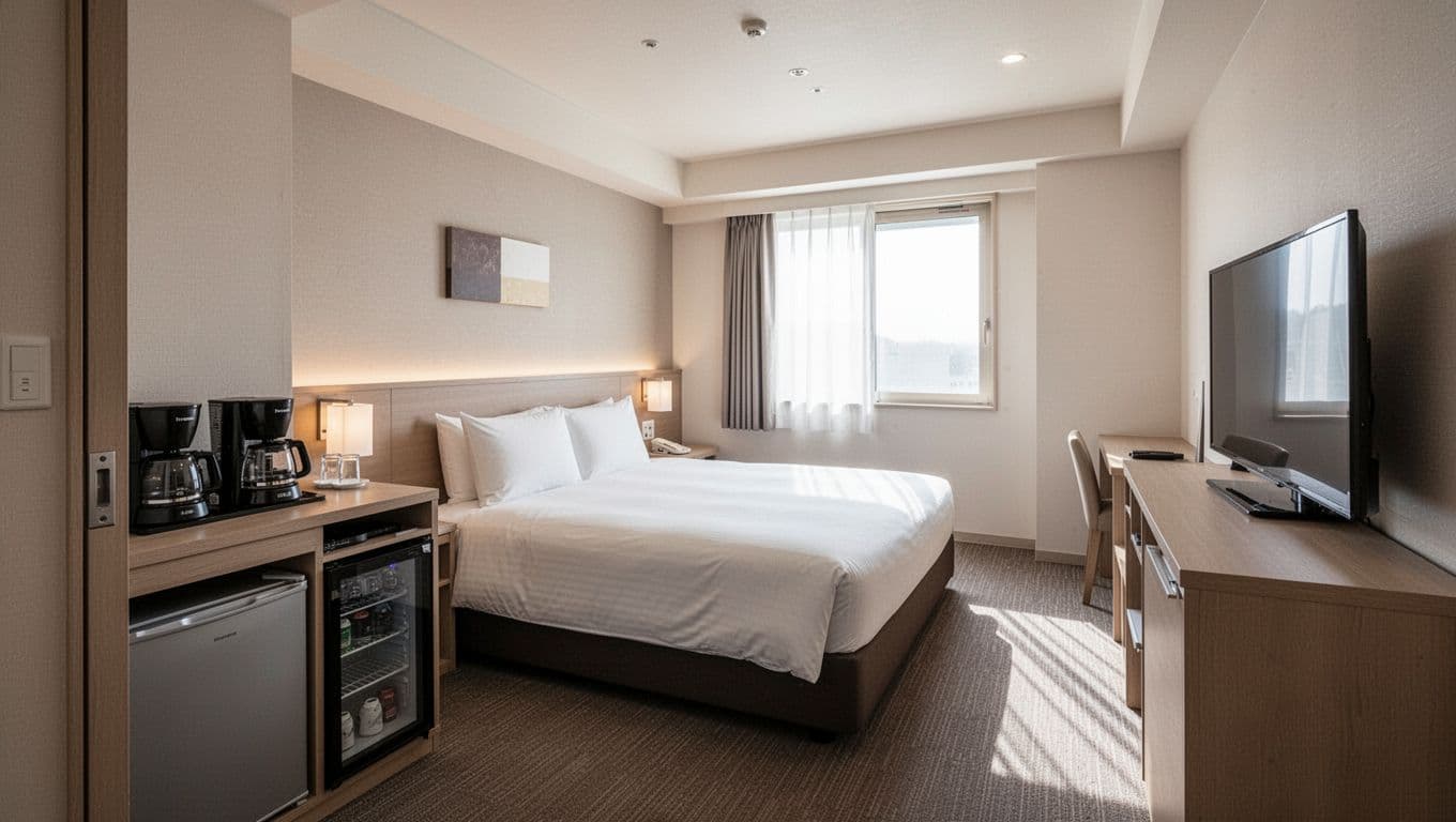 Clean modern Hampton Inn Atmore style hotel room interior featuring queen bed, coffee maker, fridge, and TV in wide composition from doorway with bold 'Budget Stays' headline on green band.