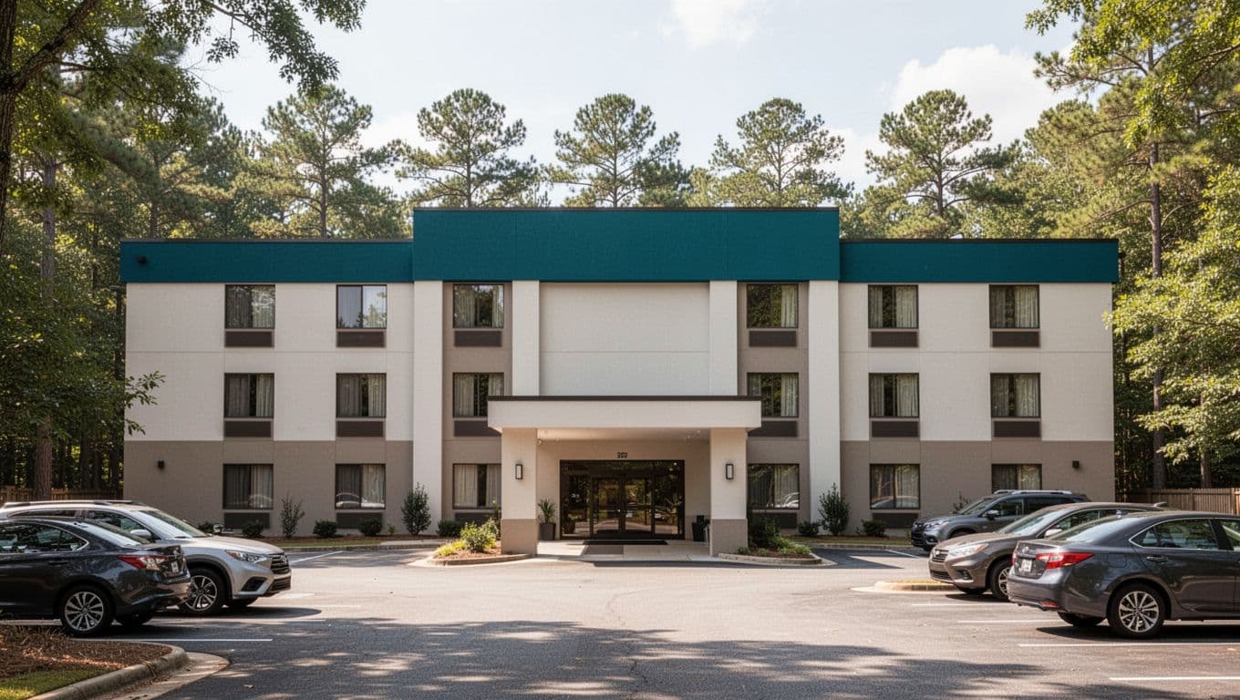 Daylight exterior view of Hampton Inn hotel in Birmingham/Leeds, Alabama, focusing on the sign and entrance, with parking lot, cars, and trees; features bold green header band with 'Hampton Inn' title, realistic photo style, no people.