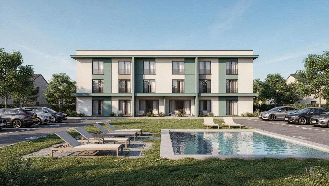 Modern two-story Hampton Inn hotel exterior in Birmingham Leeds features an outdoor pool with lounge chairs, free parking lot with few cars, green lawn, and clear blue sky. Branded editorial style with bold 'Closest Pick' headline on green color band at the top.