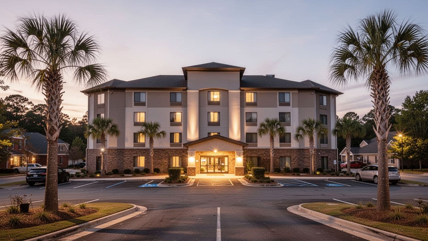 Exterior of a modern two-story Hampton Inn hotel in suburban Columbus, Georgia near Fort Benning at dusk, with parking lot, palm trees, and welcoming entrance lights in realistic photo style. Bold branded editorial design features an edge-to-edge horizontal green band at top with large 'Prime Stay' headline.