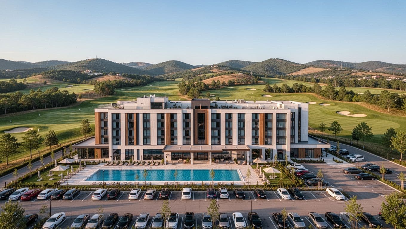 Modern Hampton Inn exterior near Eagle Point with sign, outdoor pool, parking lot, and lush green golf course hills under clear blue sky. Features bold 'Closest Stay' headline in green band at top, realistic photo style.