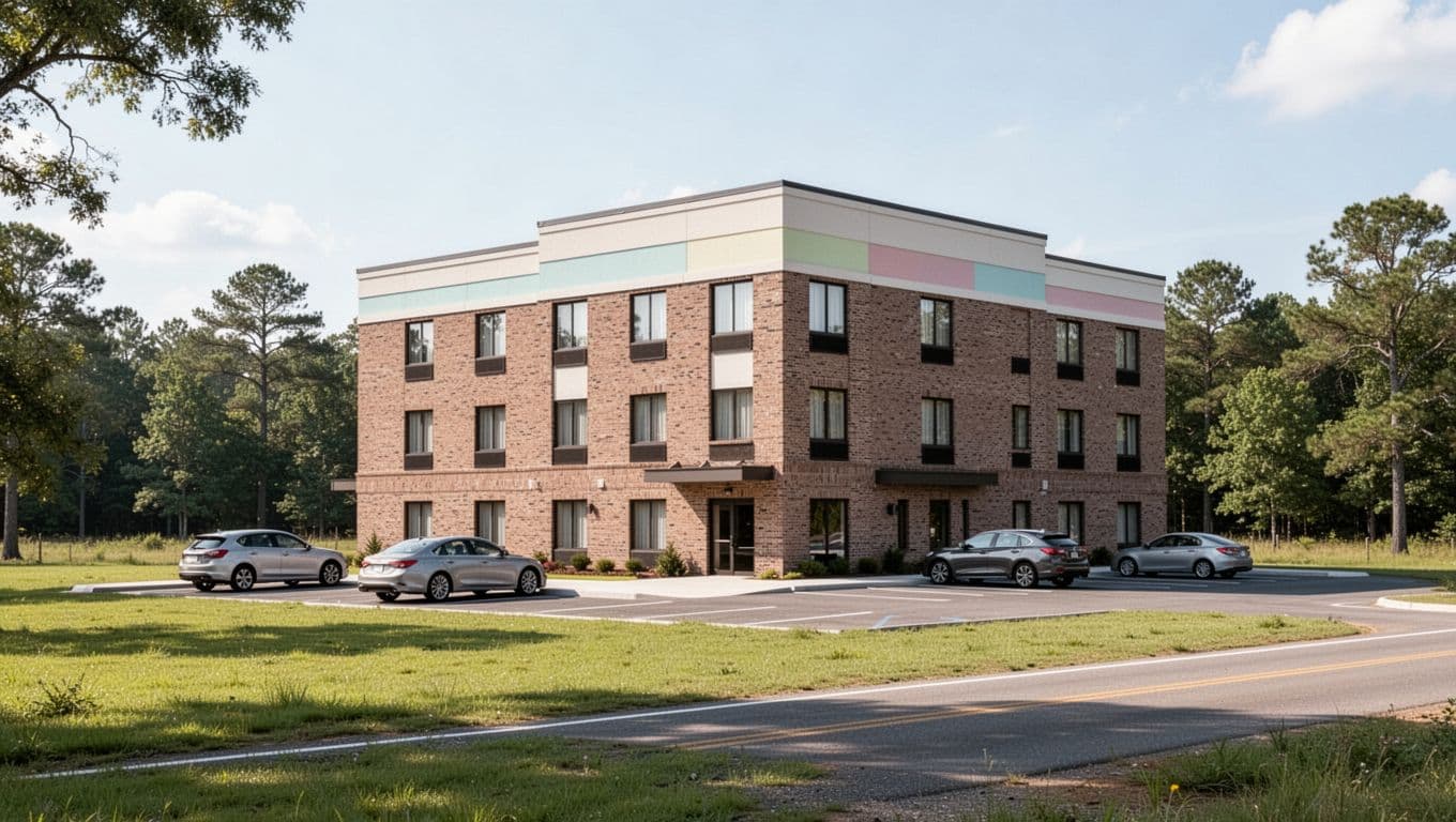 Exterior of a modern roadside Hampton Inn hotel in rural Alabama, featuring a clean two-story brick building, American flag, two cars in parking lot, green lawn, trees, and bright daytime sunlight in photorealistic landscape style.