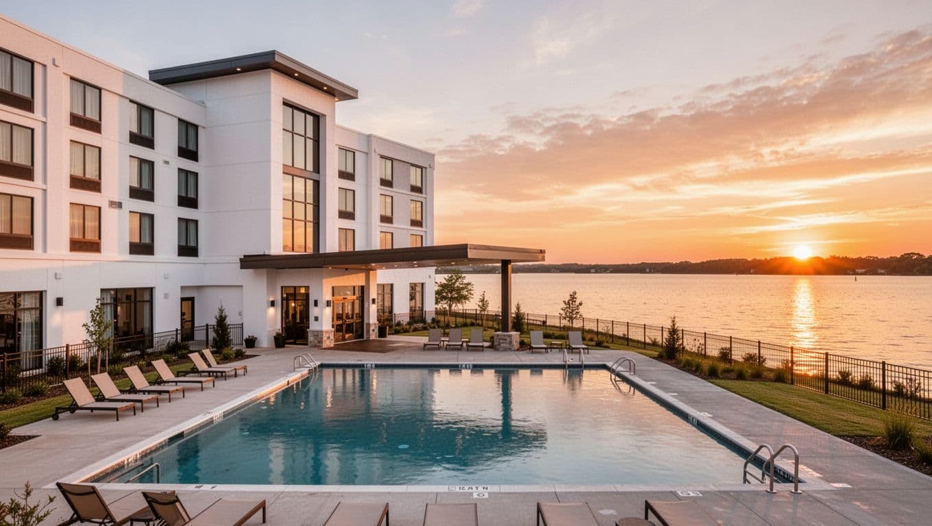 Modern Hampton Inn hotel exterior in Eufaula, Alabama, shows a clean white building with signage and outdoor pool in foreground, Lake Eufaula shoreline, and sunset sky in background. Realistic wide landscape photo with golden hour lighting and branded 'Hampton Inn' headline overlay.