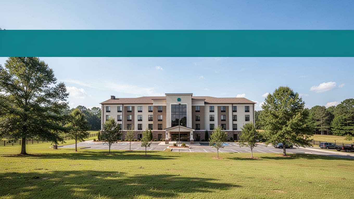 Modern Hampton Inn hotel exterior in rural Alabama countryside near Huguley with green lawns trees parking lot blue sky and front entrance view.