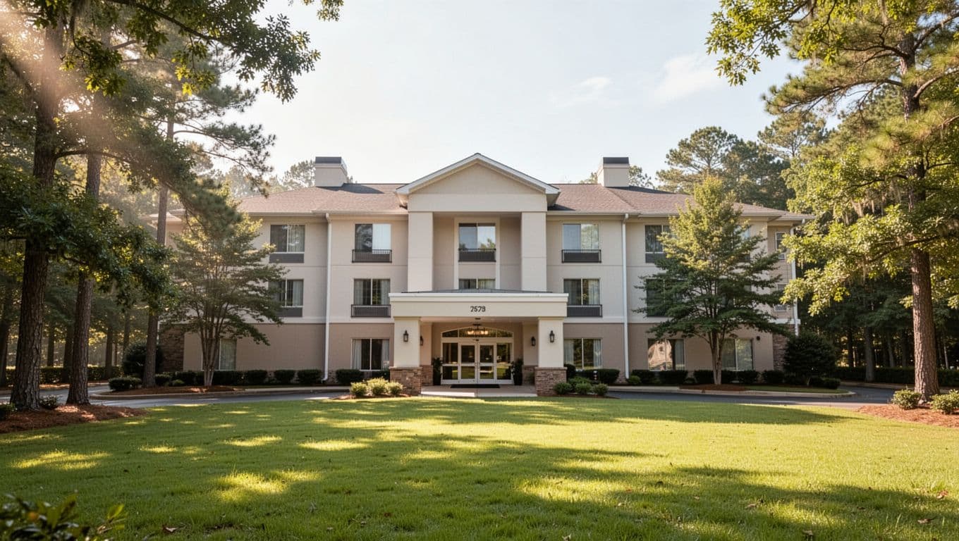 Photorealistic wide shot of a two-story Hampton Inn hotel facade in Alabama countryside, with clean lines, visible entrance, lush green lawn, trees, and bright morning light. Features a top edge-to-edge green band with 'Reliable Stay' headline in bold sans-serif font.