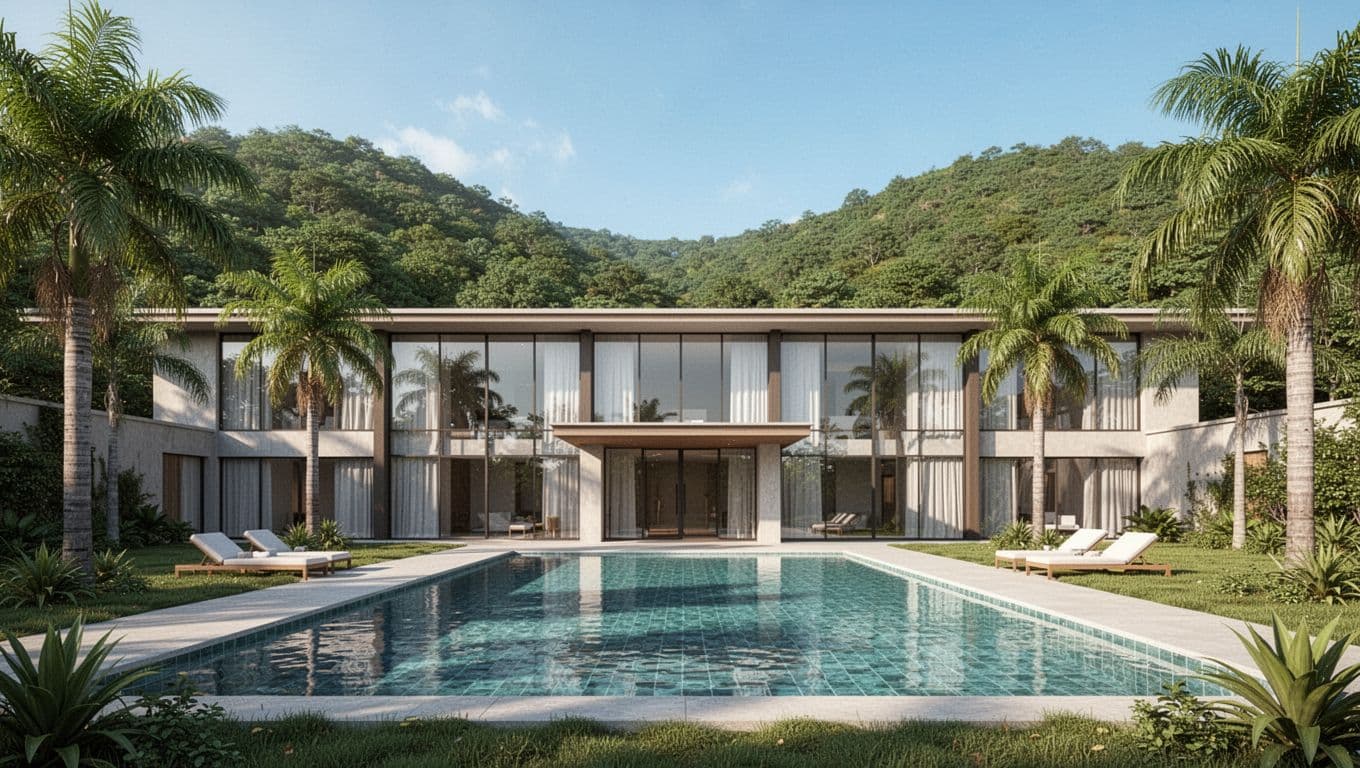 Photorealistic landscape view of the modern Hampton Inn Gadsden/Attalla hotel exterior centered on the entrance, featuring an outdoor pool, palm trees, and lush green hillside evoking Alabama nature under a clear daytime sky.