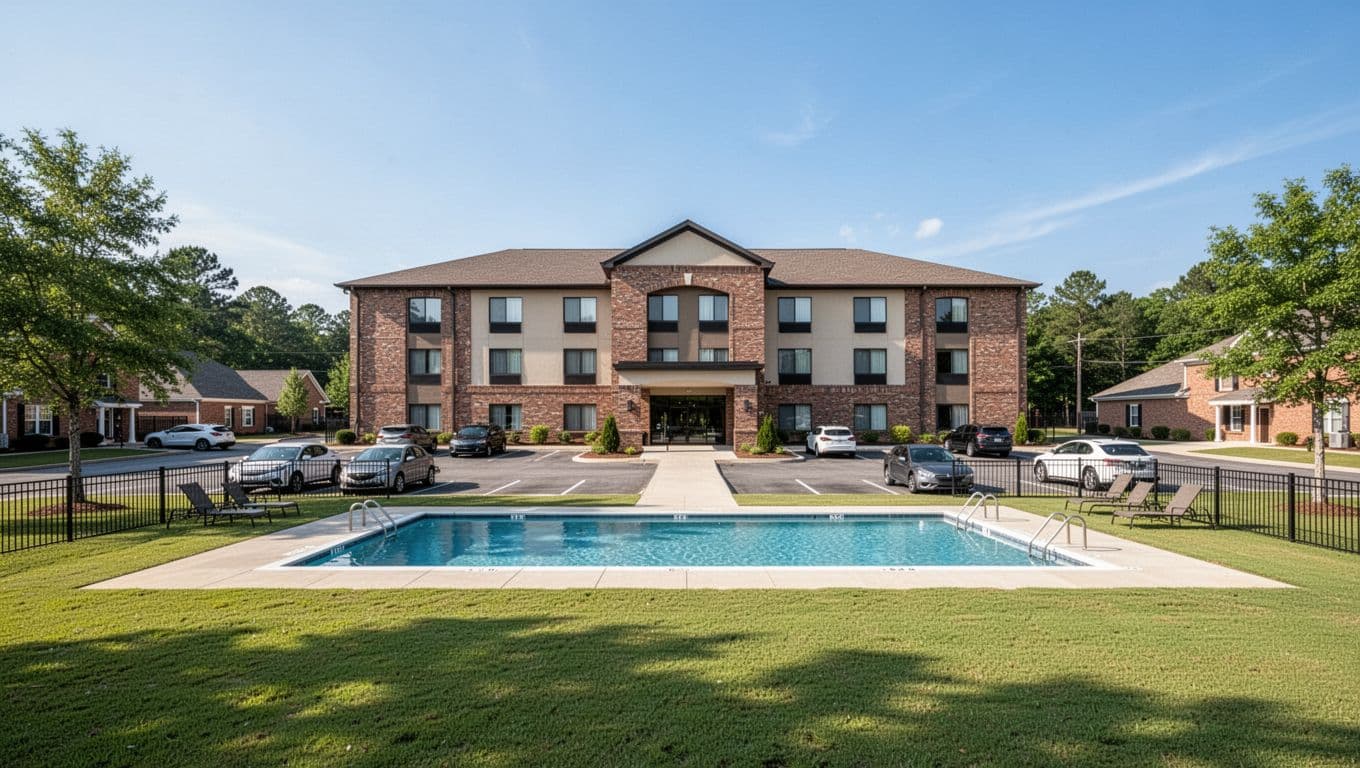 Wide landscape view of a modern two-story Hampton Inn hotel in rural Alabama, featuring brick facade, American flag, parking lot, outdoor pool, green lawns, and clear blue sky. Bold 'Hampton Inn' headline on emerald green band at top, realistic photo style with vibrant colors.