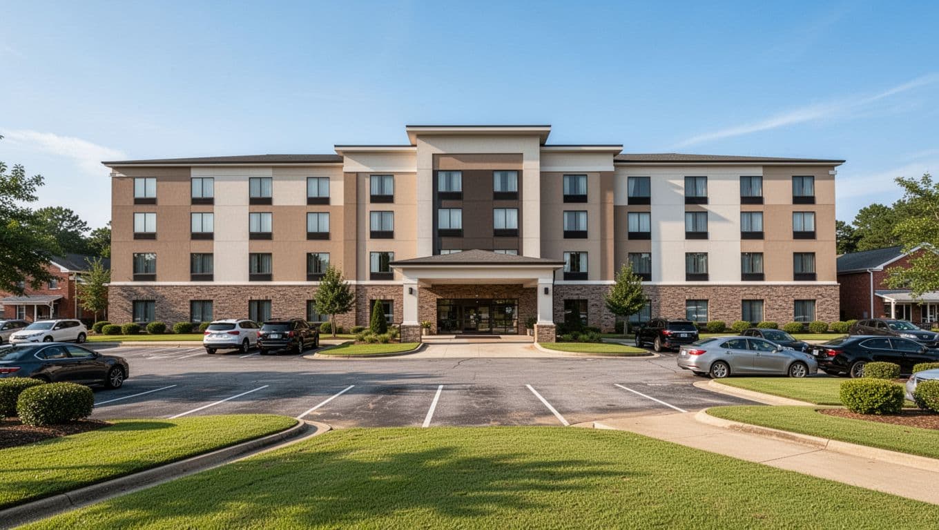 Exterior of a modern Hampton Inn hotel in Jacksonville-Anniston Area, Alabama, showing the facade and entrance with parking lot, cars, green lawns, and clear blue sky. Features a bold green top band with 'Hampton Inn Pick' headline in editorial style.