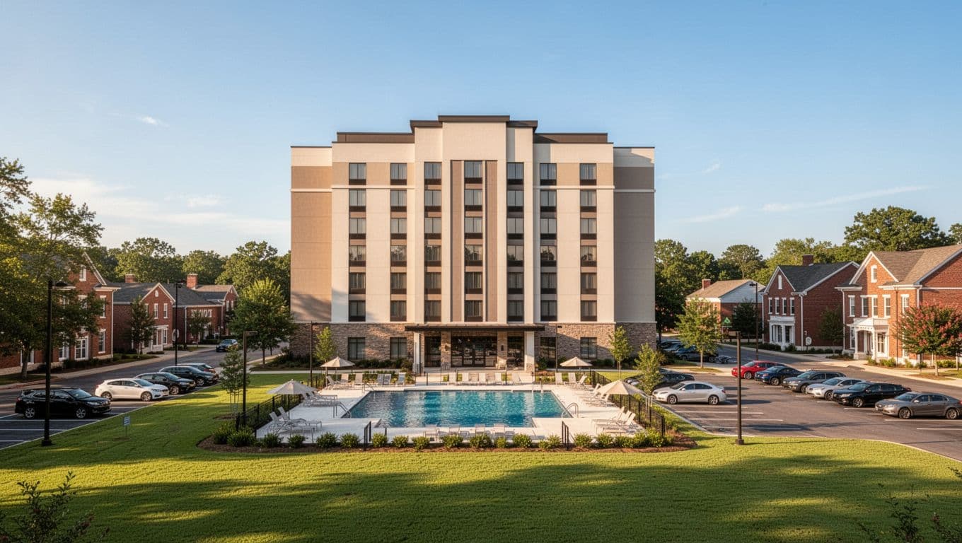 Modern Hampton Inn exterior in sunny small-town Alabama near university, showcasing outdoor pool, parking lot, green lawns, and clear blue sky in realistic photo style with warm lighting. Branded with bold 'Hampton Inn' headline on green band, no people, cars, or signs.