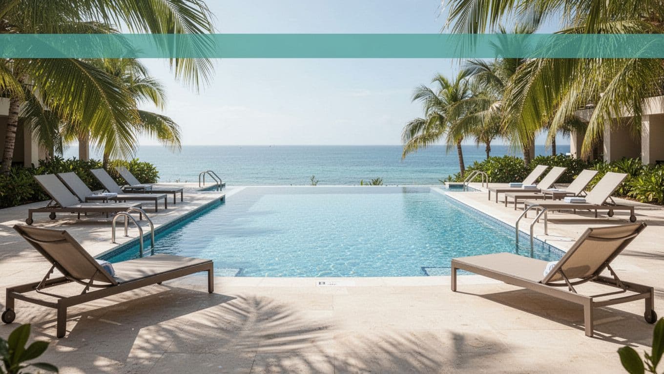 Sunny outdoor pool deck at Hampton Inn in Mobile Alabama with lounge chairs around a clear blue pool and palm accents in a relaxed subtropical setting.