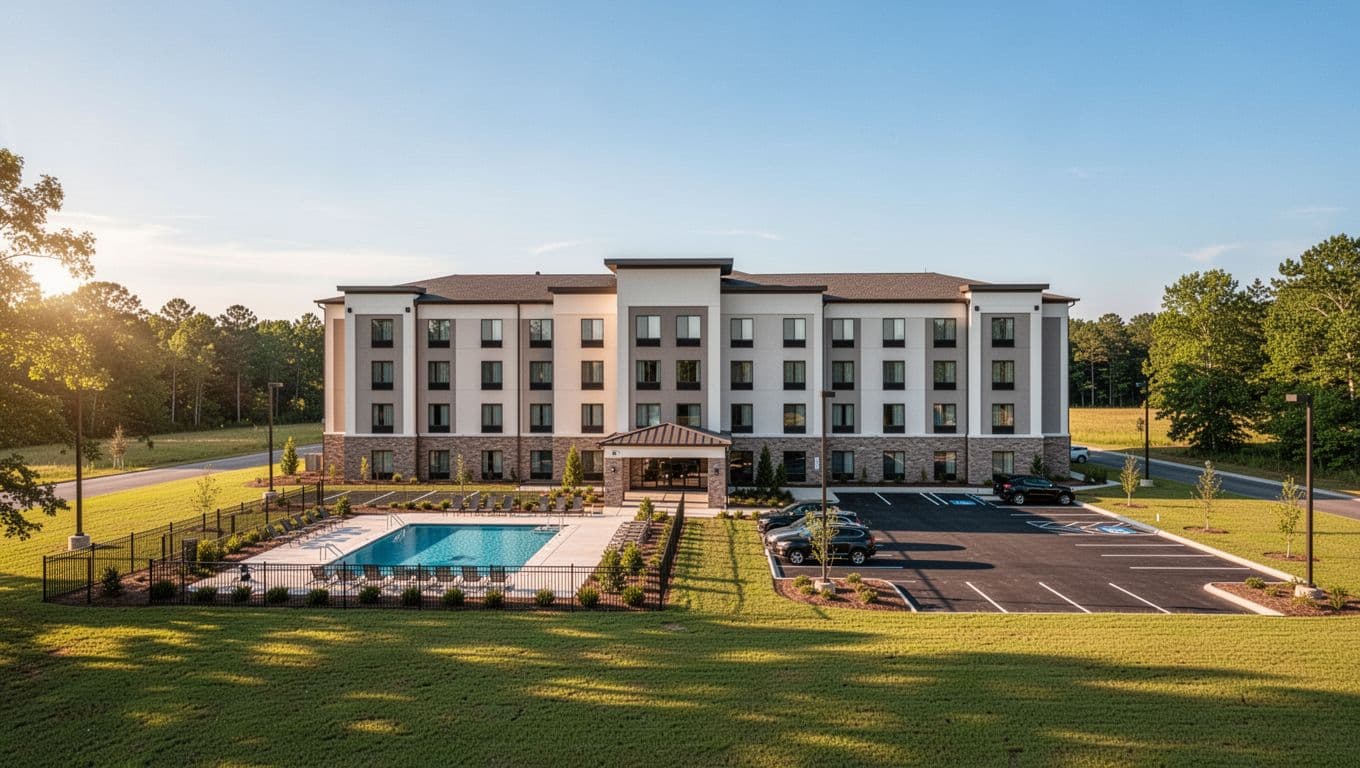 Modern Hampton Inn-style hotel exterior in Alabama countryside near Springville on a sunny day with clear skies, showing front facade, pool area, parking lot, and green lawns. Bold branded headline 'Pell City Pick' in green band at top.