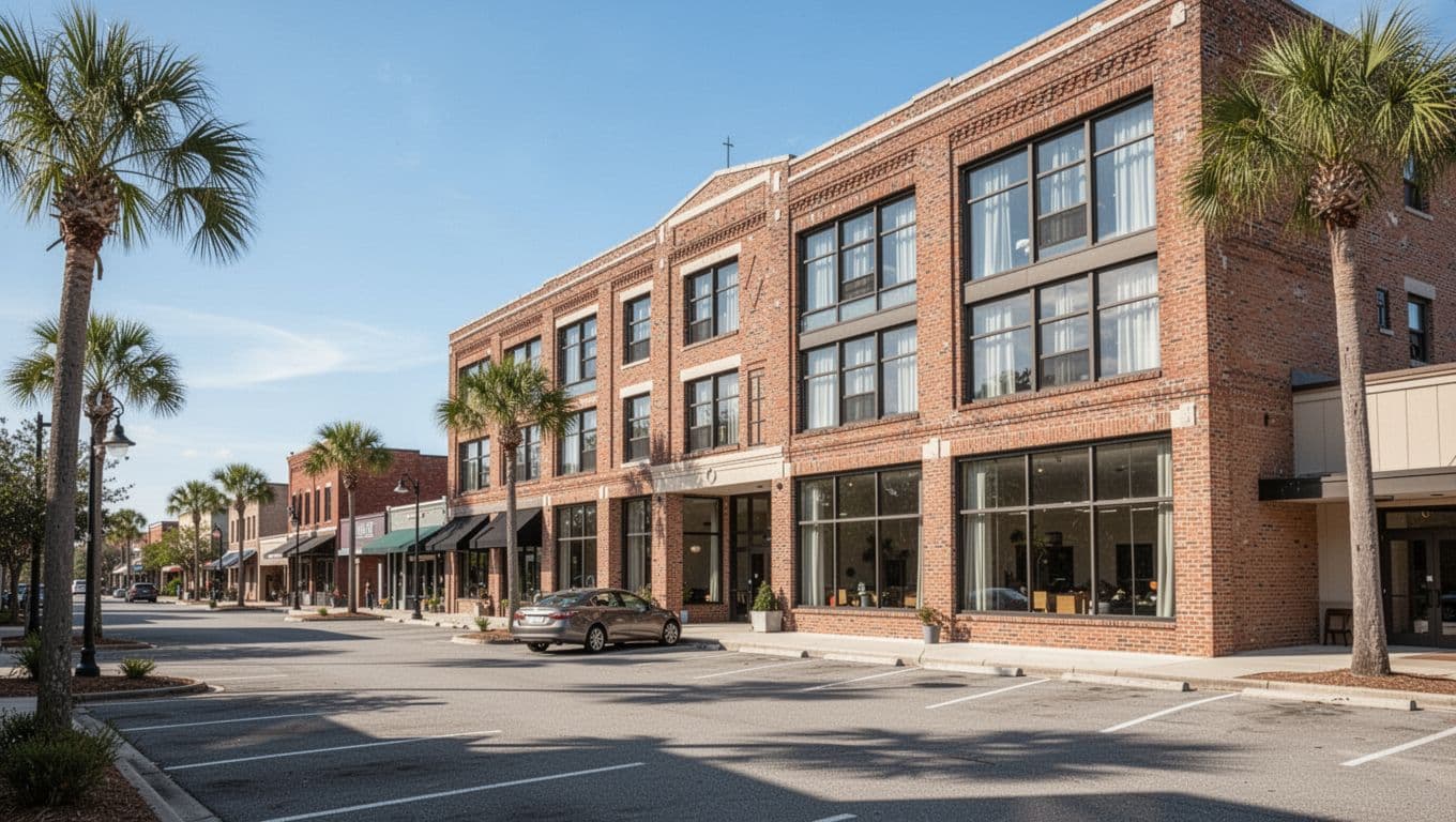 Modern hotel exterior in small town setting with brick building, large windows, palm trees in front, clean parking lot, one car parked, blue sky, daytime natural lighting, no people, signs, or logos.