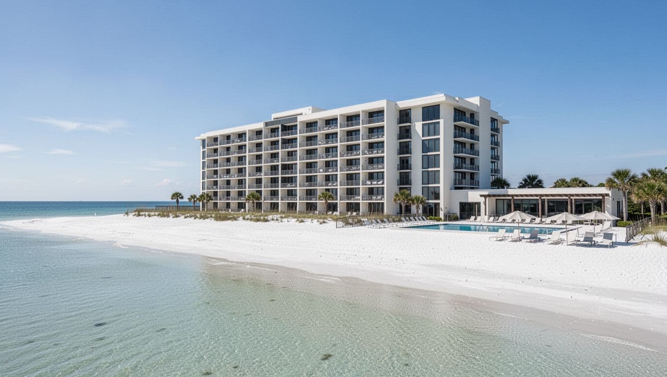 Modern oceanfront exterior of Hampton Inn Pensacola Beach hotel on a sunny afternoon, with white sand beach and Gulf waters in foreground, balconies, pool, and lounge chairs against blue sky. Features bold 'Beachfront Stay' headline in green band at top, photorealistic with no people.