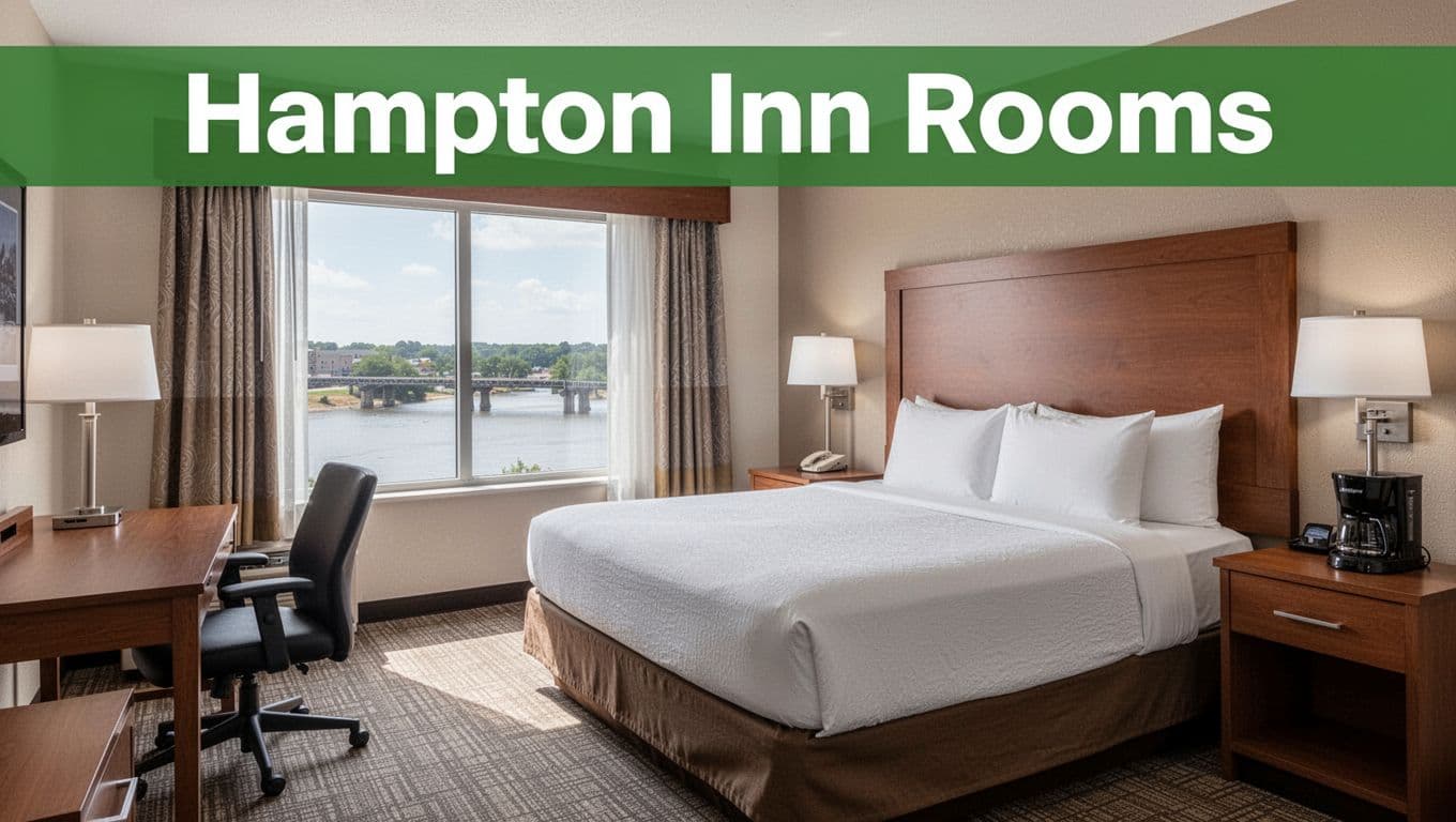 Spacious clean hotel room interior at Hampton Inn Phenix City with king bed, wooden desk chair, large window with river view, coffee maker, and bright morning light. Features 'Hampton Inn Rooms' headline in bold green band.