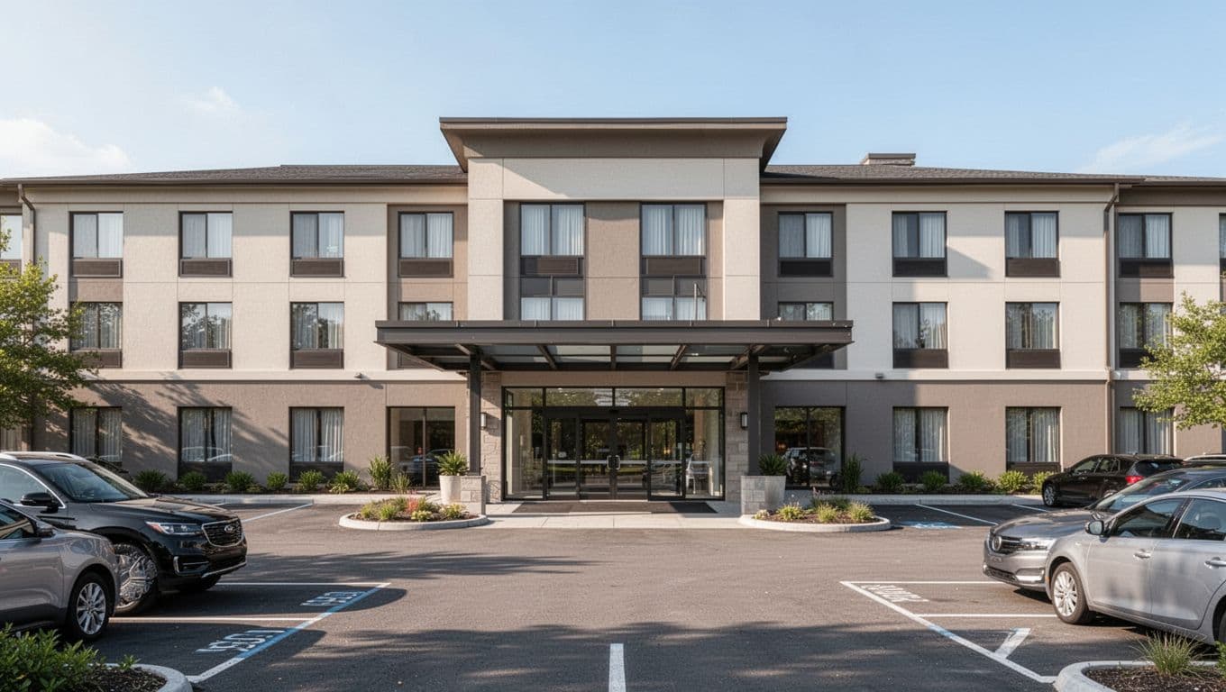 Hampton Inn Selma exterior shows centered building facade, front entrance, parking lot, sign under clear daytime sky with green top band reading 'Hampton Inn'.