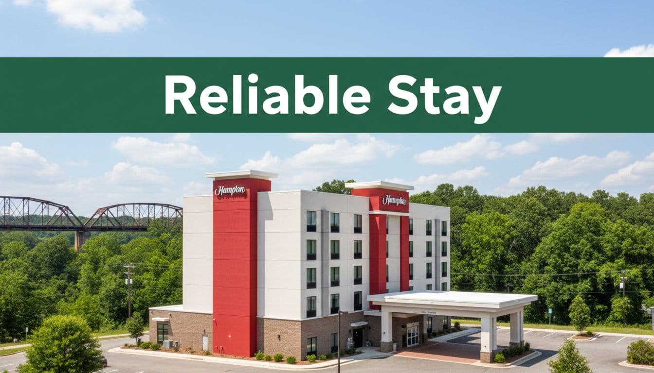 Exterior of a modern Hampton Inn hotel in Selma, Alabama, set against green trees and a historic bridge, captured in wide-angle landscape under bright daylight. Bold 'Reliable Stay' headline in green sans-serif font on a top color band.