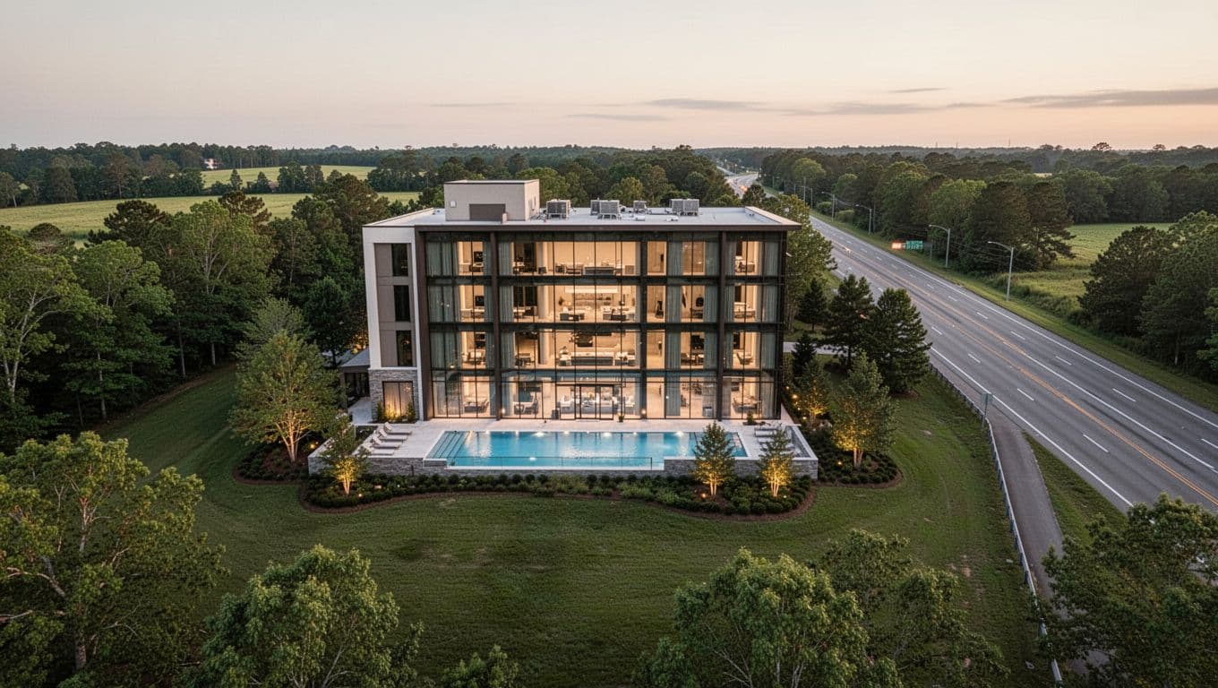 Modern exterior of Hampton Inn & Suites Hampton Cove in green Alabama countryside near highway, featuring indoor pool visible through windows in clean realistic photo style with soft evening lighting.