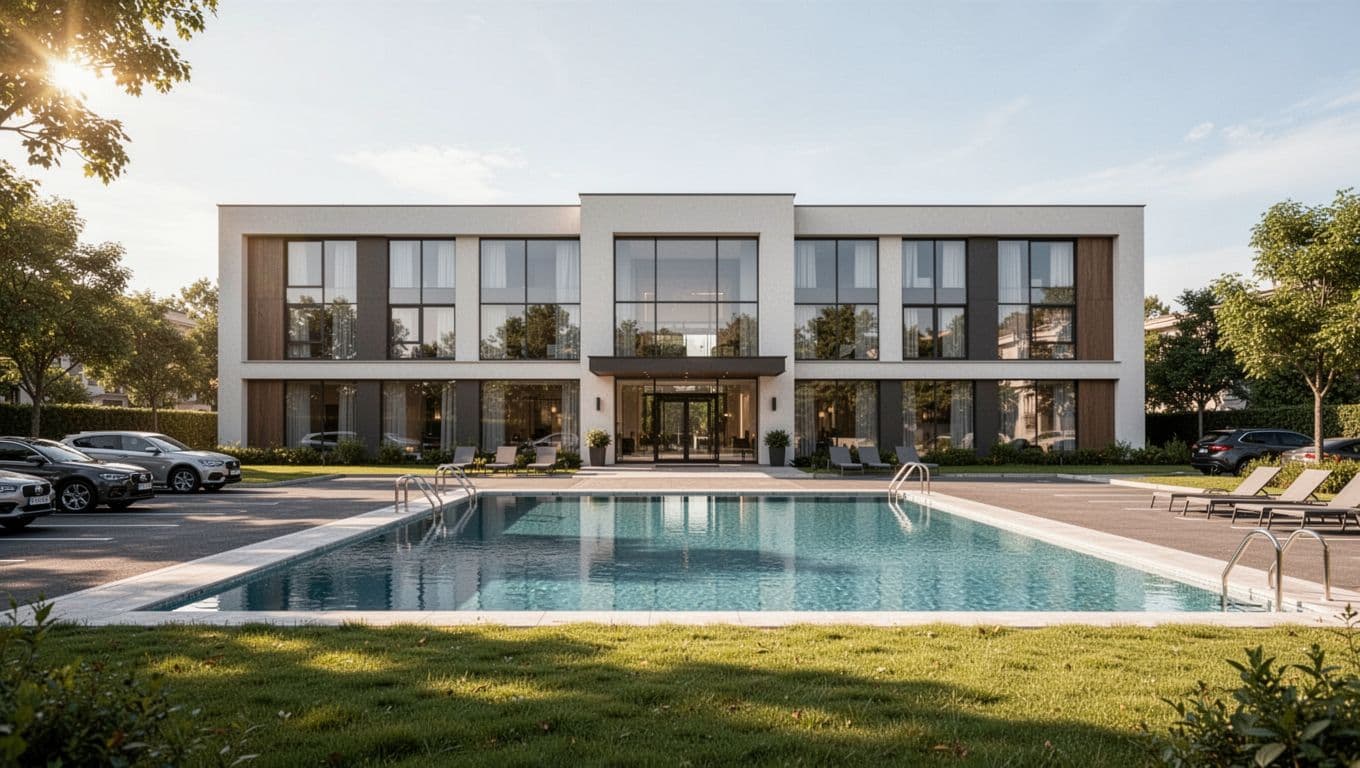 Modern two-story Hampton Inn hotel exterior in Wetumpka, Alabama, with outdoor pool, parking lot, green lawns, and sunny afternoon light centered on the entrance, featuring a top green banner saying 'Stay Comfortable'. Realistic photo style, no people, cars, or extra elements.
