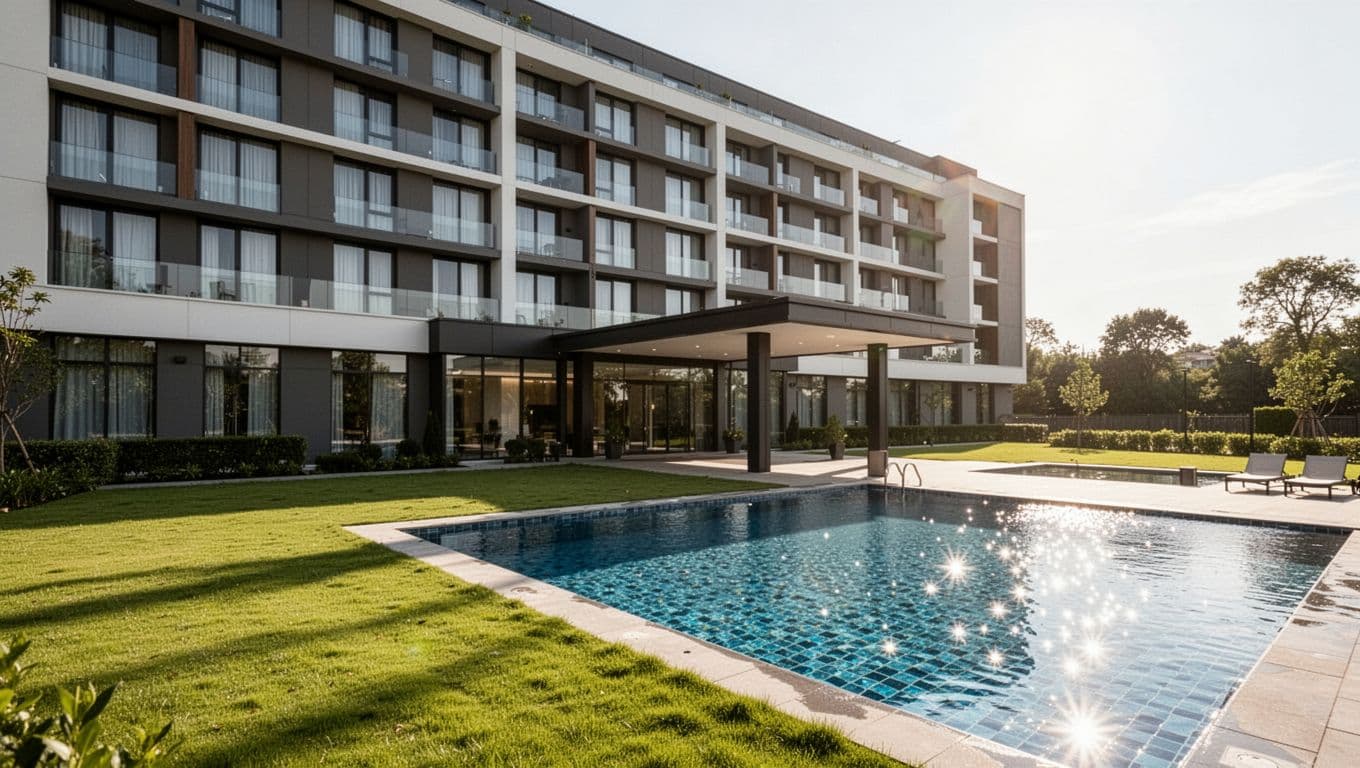 Modern daytime exterior of Hampton Inn Wetumpka hotel showing the entrance and outdoor pool area surrounded by green lawns in a bright, realistic photo style.