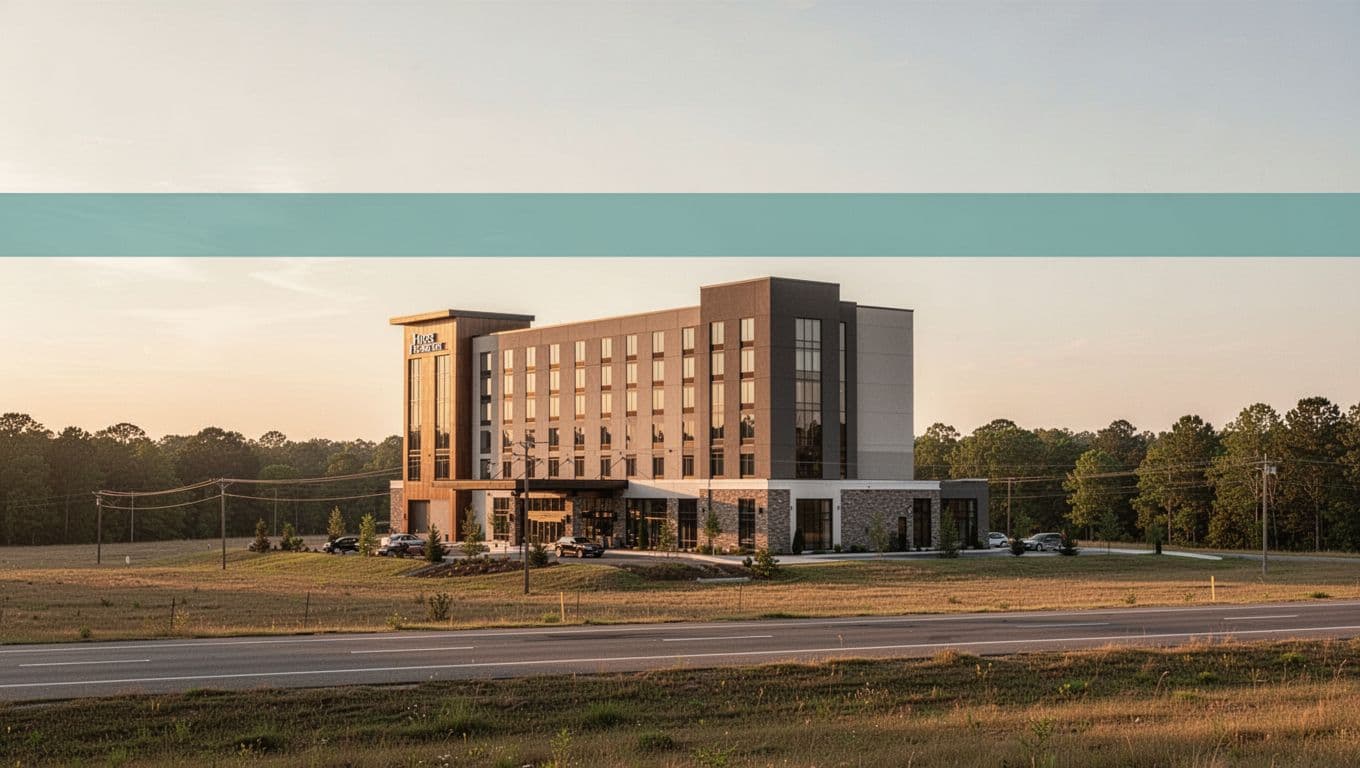 Exterior view of modern Hampton Inn hotel on Highway 129 in rural Winfield Alabama, golden hour lighting with branded green header band.