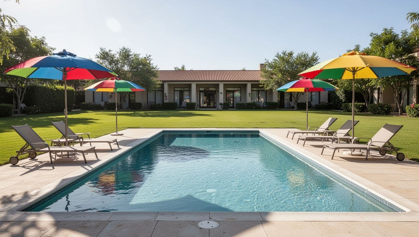 Sunny outdoor pool area at Hampton Inn Tuscaloosa East with two lounge chairs, umbrellas, green lawn, hotel background, and top green 'Hampton Pool Relax' band.