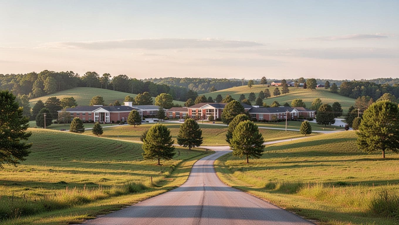 Scenic rural landscape of Hanceville, Alabama, featuring Wallace State Community College buildings amid green hills, trees, and open fields, with a winding road in the foreground under warm afternoon sunlight.