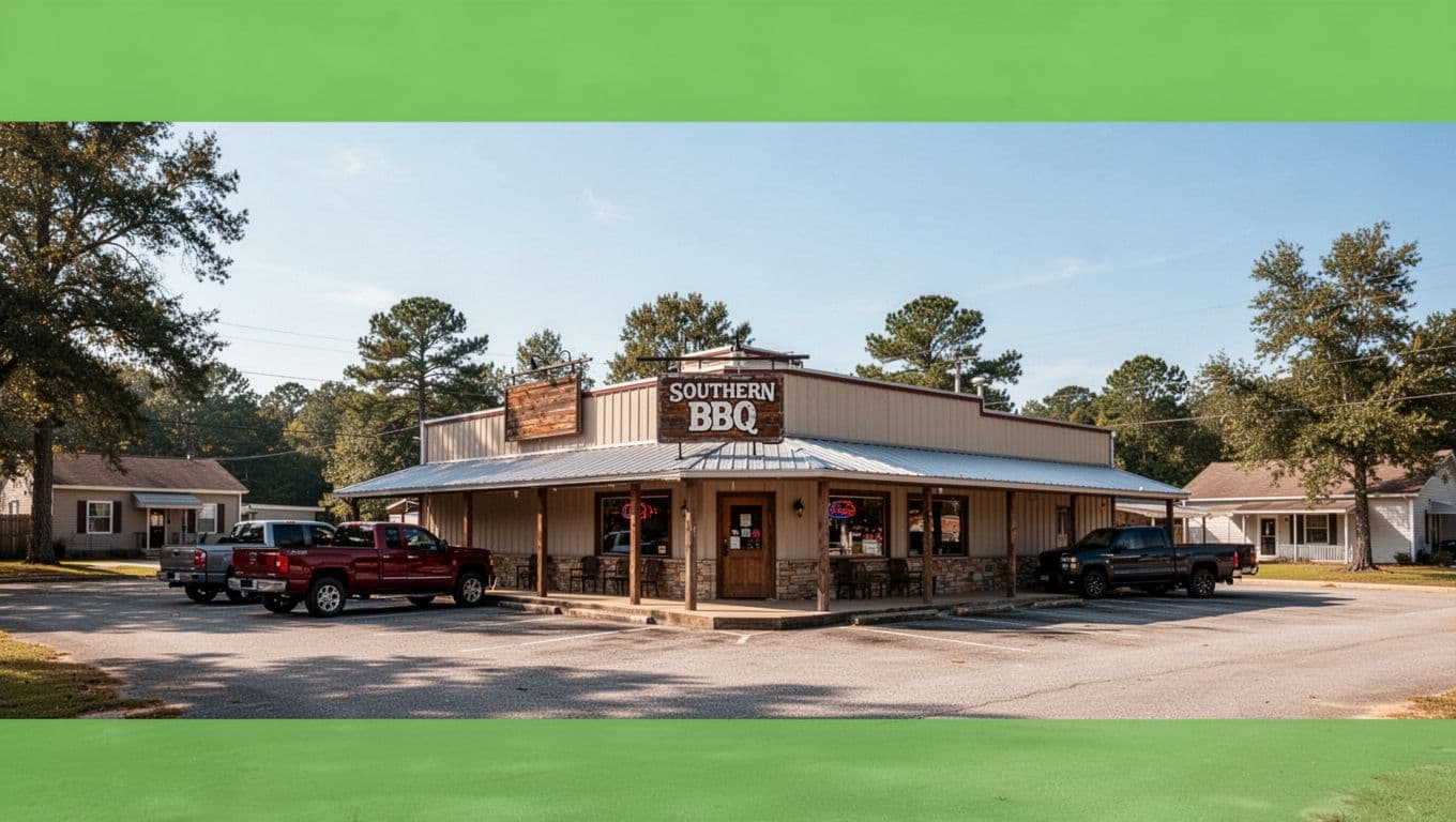 Green banner with bold 'Hanceville BBQ' headline tops a realistic daytime view of a classic Southern BBQ restaurant building, wooden signboard, parking lot with trucks, trees, and blue sky.