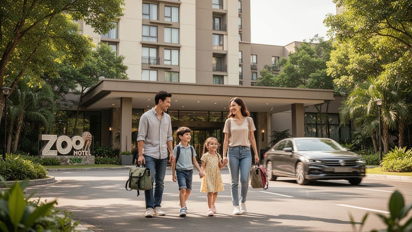 A cheerful family of four arrives smiling at a modern hotel entrance near a zoo, carrying small bags, with lush green trees and zoo sign in the background under bright daylight.
