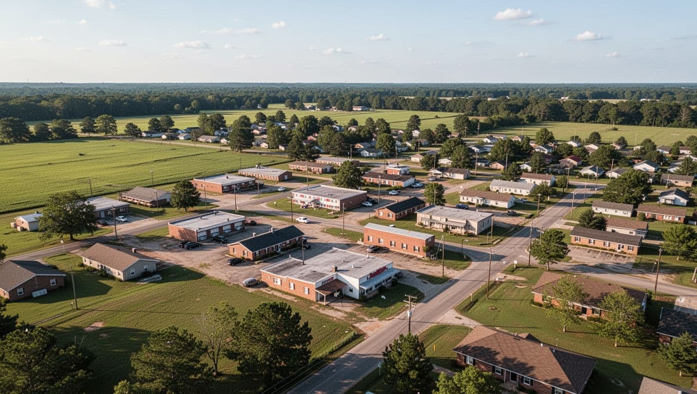 Aerial view of Hartselle, Alabama, featuring a small town with visible hotels, green fields, and residential areas under a clear daytime sky in realistic photo style. Branded with a bold 'Hartselle Stays' headline on a green band at the top.