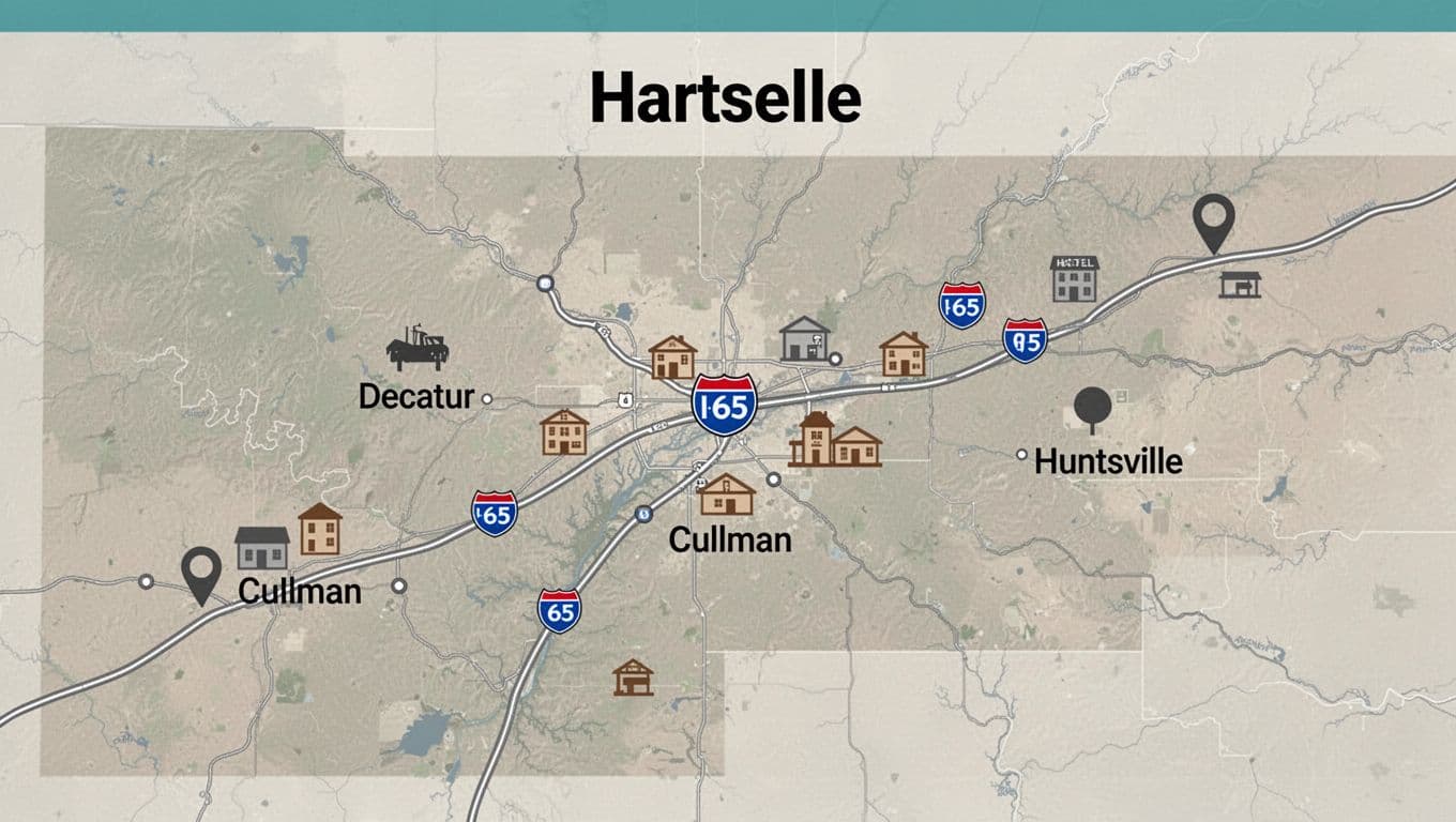 Clean illustrative map of Hartselle area highlighting I-65 highway, hotel icons, and nearby cities Decatur, Cullman, and Huntsville, with bold 'Location Map' headline in green top band.