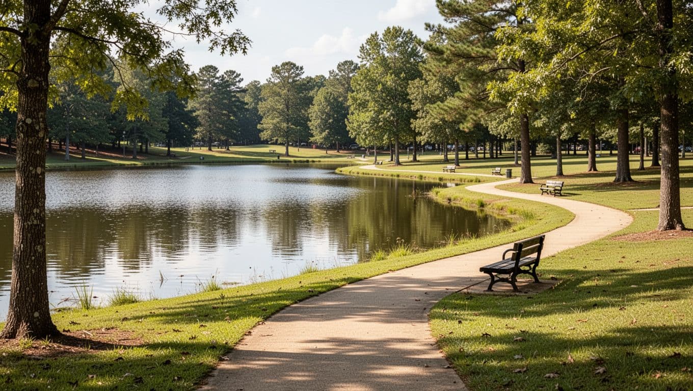 Serene realistic photo of a sunny green landscape at a park or lake near Hartselle in Morgan County, Alabama, with walking path and benches as the main focal point. Bold 'Nearby Spots' headline in Title Case on a green top horizontal band, earthy palette, high contrast.