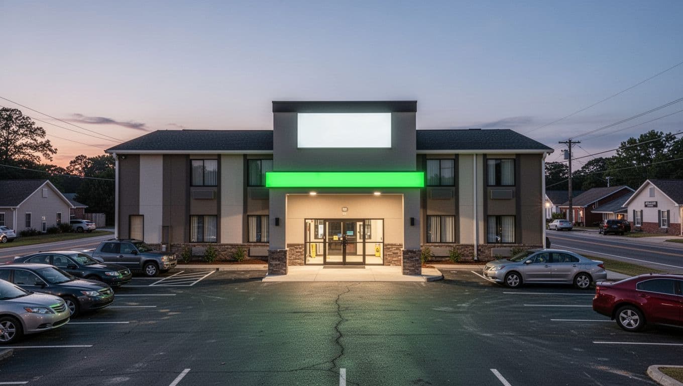 Exterior of a modern budget hotel in small-town Alabama at dusk, with clean parking lot, few cars, I-65 sign in background, and welcoming lit entrance. Features bold 'Hartselle Stays' headline on green band.