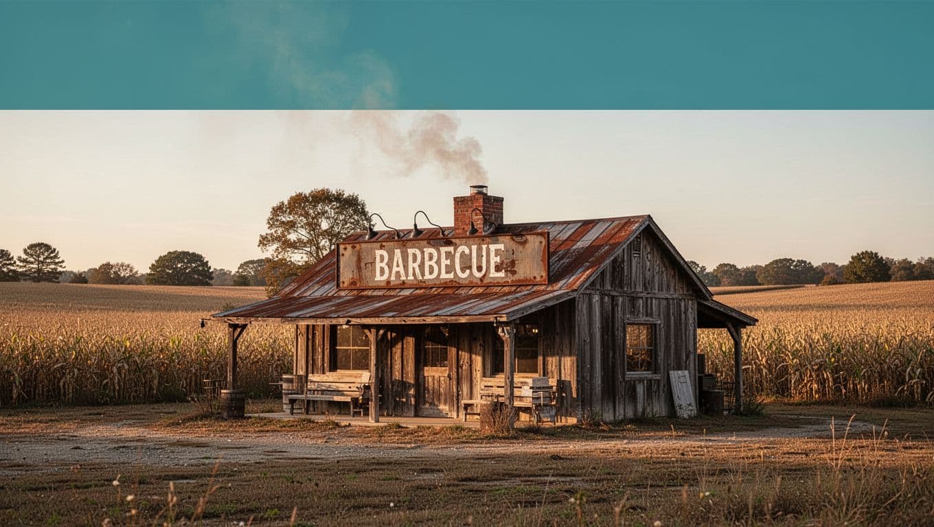 Rustic wooden barbecue building in rural Harvest Alabama with chimney smoke, golden hour light, and top green 'Harvest BBQ' headline band.