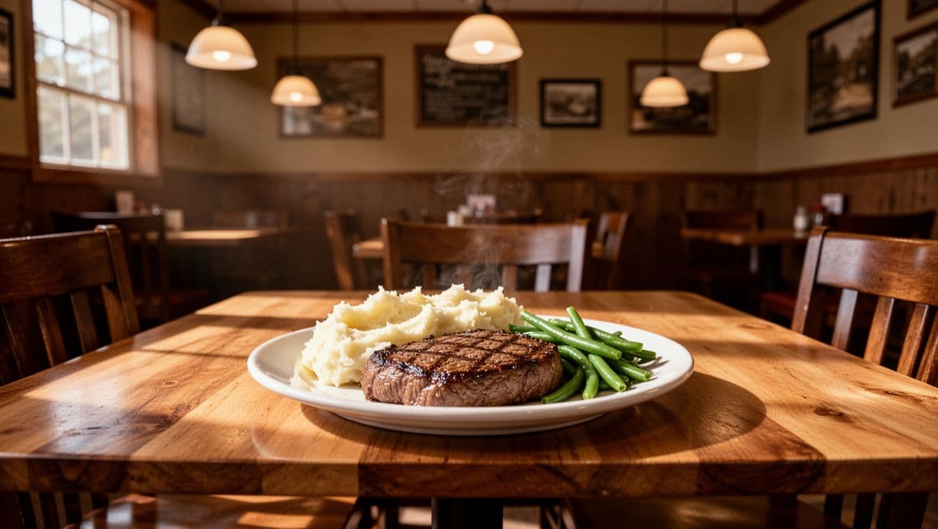 Cozy restaurant interior shows wooden table with steak dinner, mashed potatoes, and green beans under warm hanging lamps.