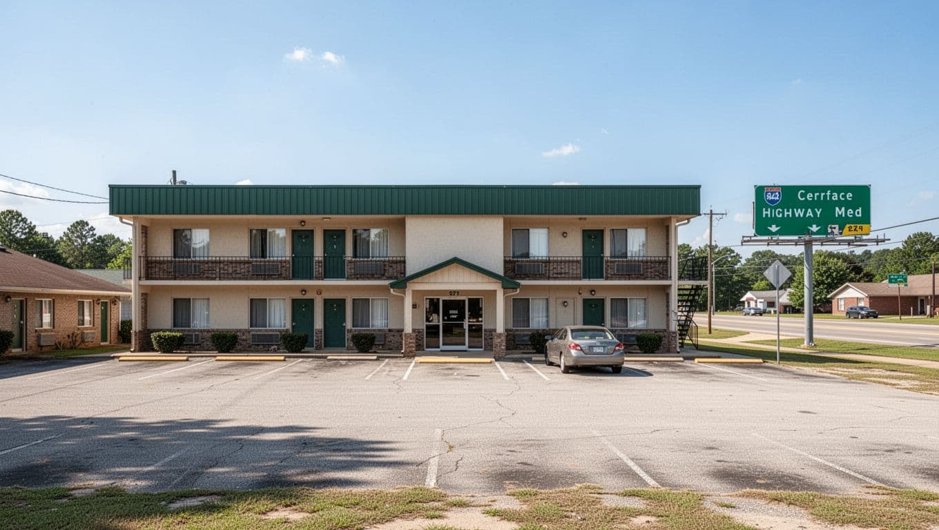 Front view of a two-story budget motel in Heflin, Alabama, like Americas Best Value Inn, with parking lot, highway sign, and bold 'Heflin Stays' headline under clear sky.