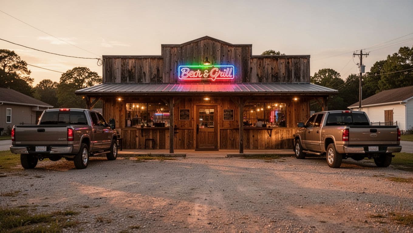 Wooden bar building with glowing windows and neon sign over entrance, two pickup trucks in gravel lot, green 'HEFLIN GEM' band at top.
