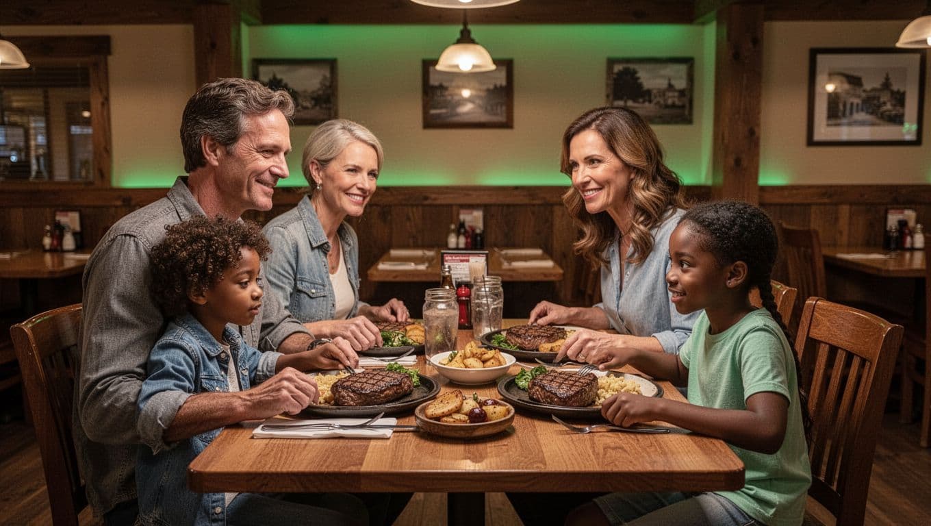 Cozy family steakhouse interior in Helena, Alabama, with wooden tables laden with steaks and sides under warm ambient lighting. Two adults and two children seated relaxed, capturing small town Southern charm in a realistic photo style.