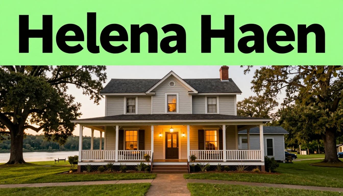 Cozy boutique bed and breakfast exterior in historic Old Town Helena, Alabama at dusk, featuring a charming two-story house with porch lights, lush green lawns, oak trees, and a river glimpse.