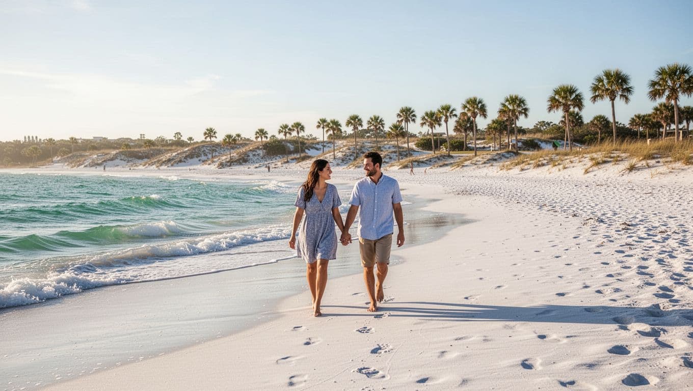 Serene beachfront scene at Henderson Beach State Park with white sand dunes, turquoise ocean waves, palm trees, and a couple walking hand-in-hand along the shore under sunny afternoon light. Bold 'Beachfront Bliss' headline in green band across the top.