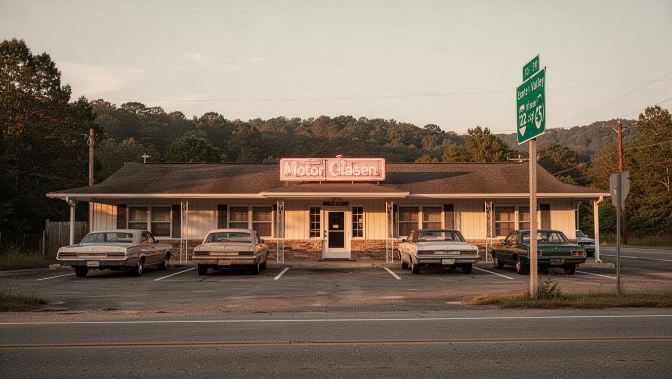 Classic single-story motor inn exterior like Hess Motor Inn in Bridgeport, AL, with neon-style sign, front parking, highway sign in rural Tennessee Valley at golden hour lighting. Features bold 'Local Picks' headline on green top banner, straight-on composition, warm high-contrast lighting, no people or vehicles.